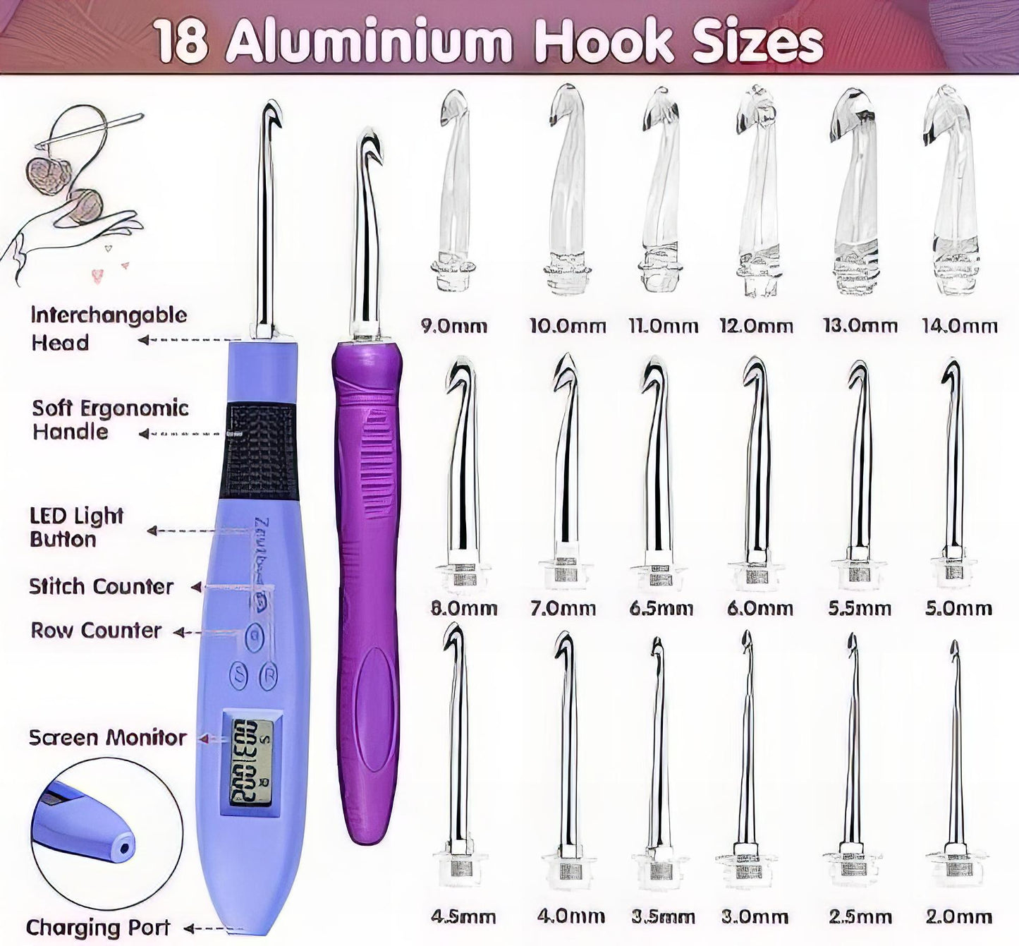 Ergonomic Crochet Hook, for Stitch & Row Counter, Light Up Interchangeable Crochet Needle