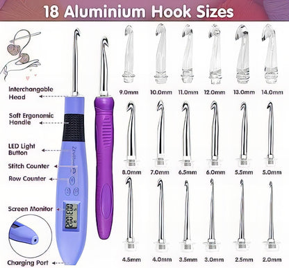Ergonomic Crochet Hook, for Stitch & Row Counter, Light Up Interchangeable Crochet Needle
